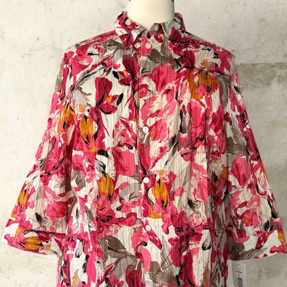 NWT!Alia-Pink Multicolor Floral Button-Down Pocket Mid Sleeve Top Size 22W - Picture 4 of 9